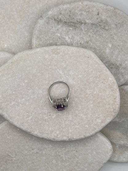 925 Sterling Silver Amethyst And White Topaz Halo Ring Size K