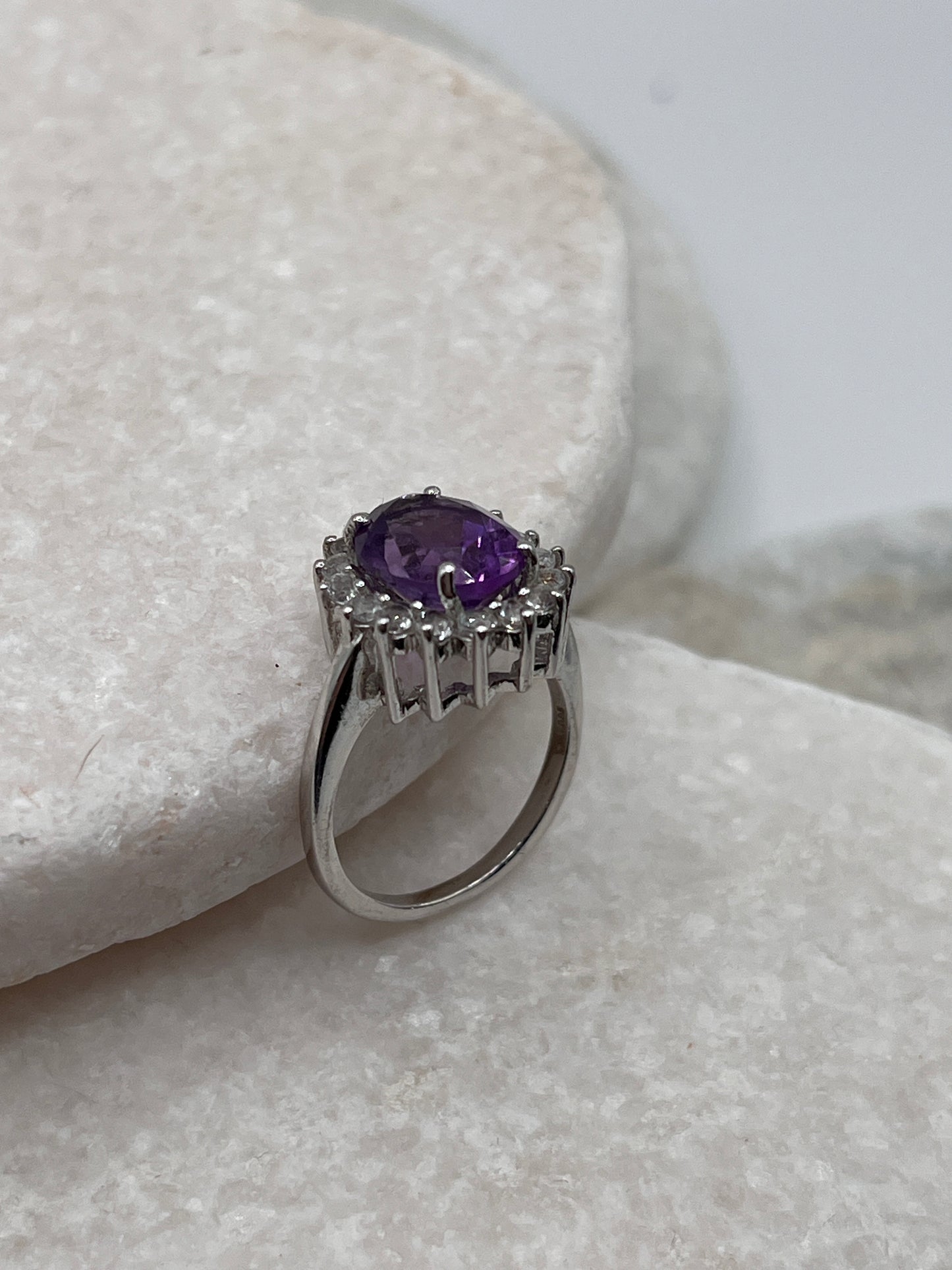 925 Sterling Silver Amethyst And White Topaz Halo Ring Size K