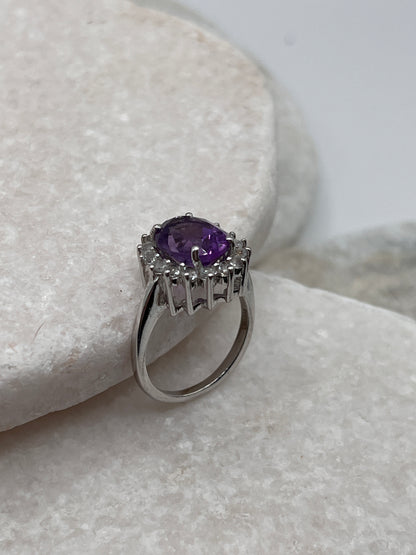 925 Sterling Silver Amethyst And White Topaz Halo Ring Size K