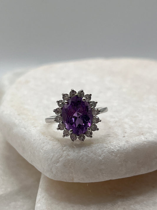 925 Sterling Silver Amethyst And White Topaz Halo Ring Size K