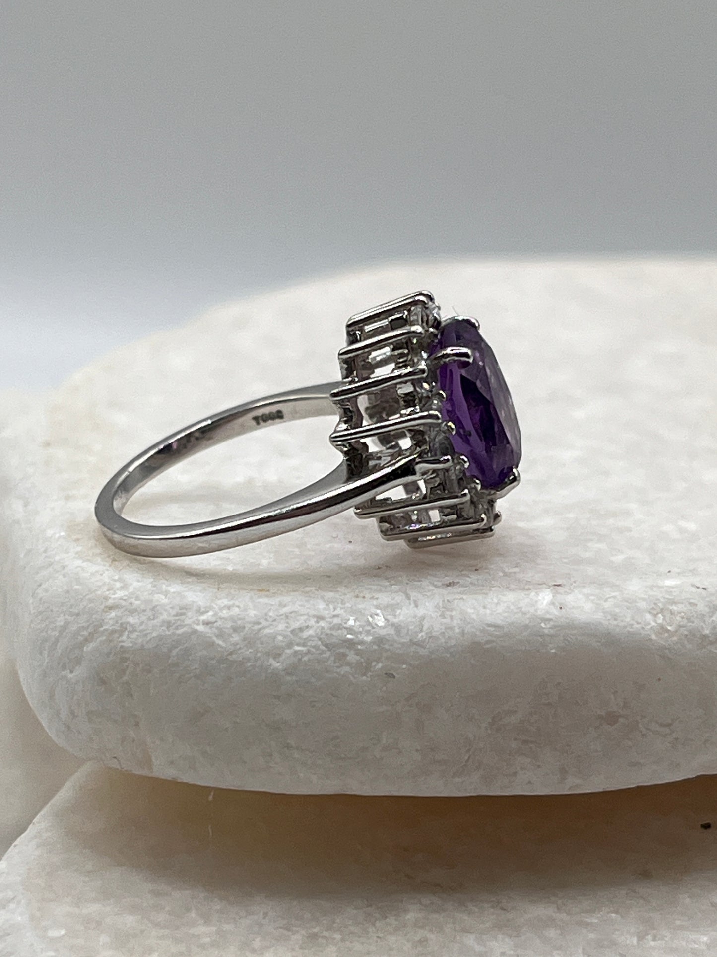 925 Sterling Silver Amethyst And White Topaz Halo Ring Size K
