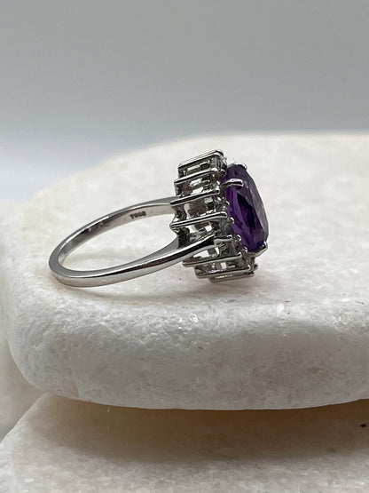 925 Sterling Silver Amethyst And White Topaz Halo Ring Size K