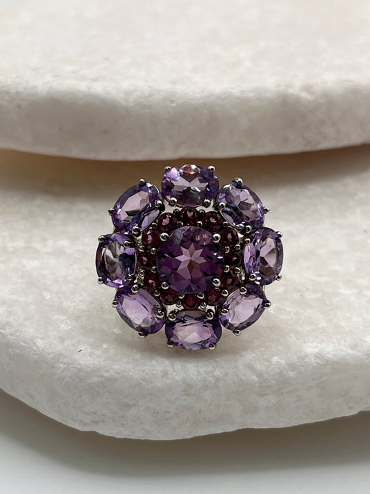 925 Sterling Silver Amethyst And Pink Tourmaline Ring Size K