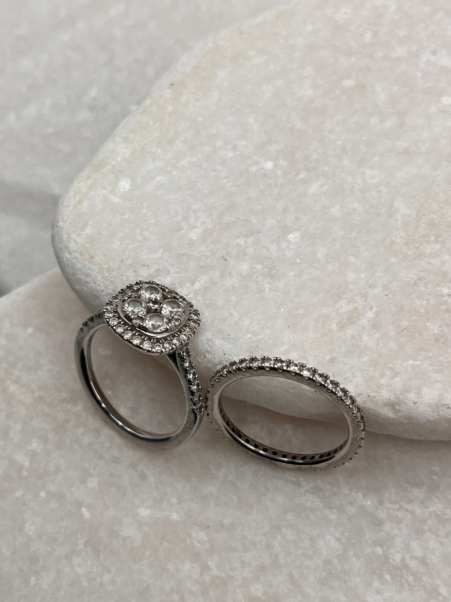 925 Sterling Silver CZ Eternity Band And Halo Solitaire Ring Size O