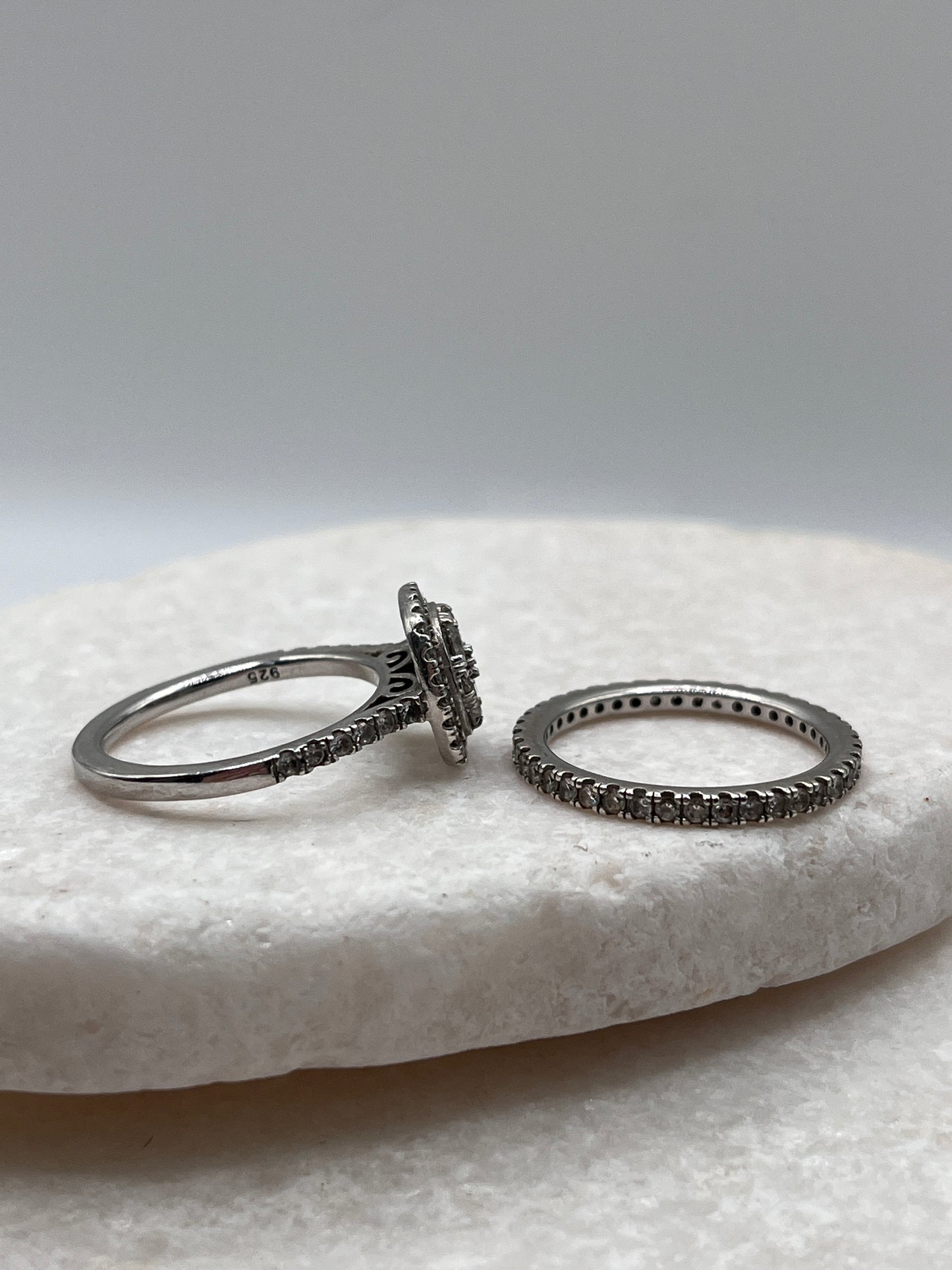 925 Sterling Silver CZ Eternity Band And Halo Solitaire Ring Size O