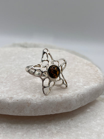 925 Sterling Silver Amber Starfish Ring Size O