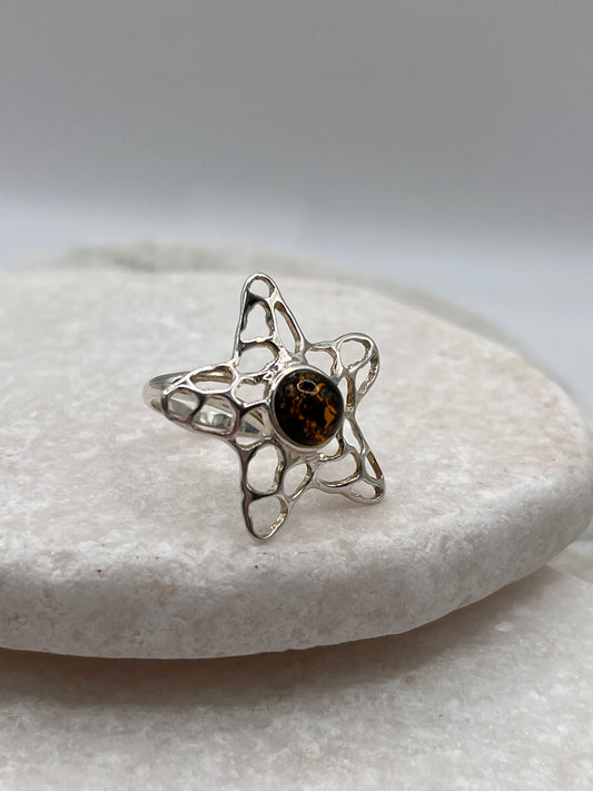 925 Sterling Silver Amber Starfish Ring Size O