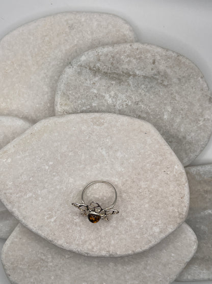 925 Sterling Silver Amber Starfish Ring Size O