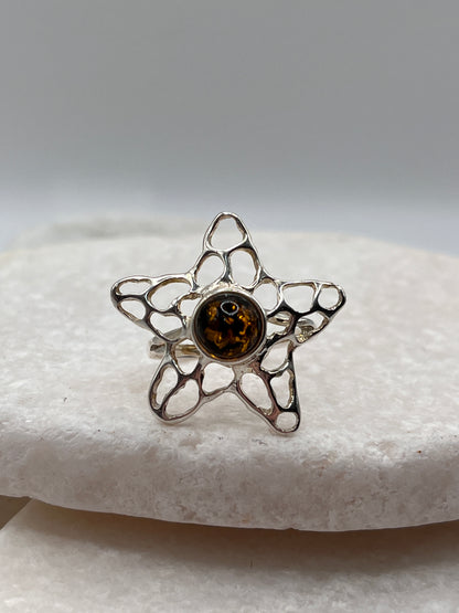 925 Sterling Silver Amber Starfish Ring Size O
