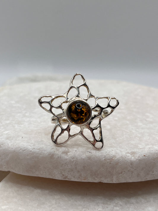 925 Sterling Silver Amber Starfish Ring Size O