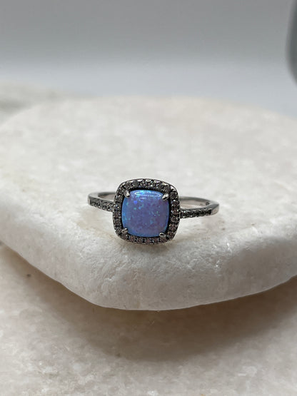 925 Sterling Silver Square Opal Halo Ring Size P