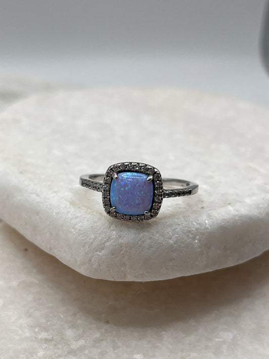 925 Sterling Silver Square Opal Halo Ring Size P