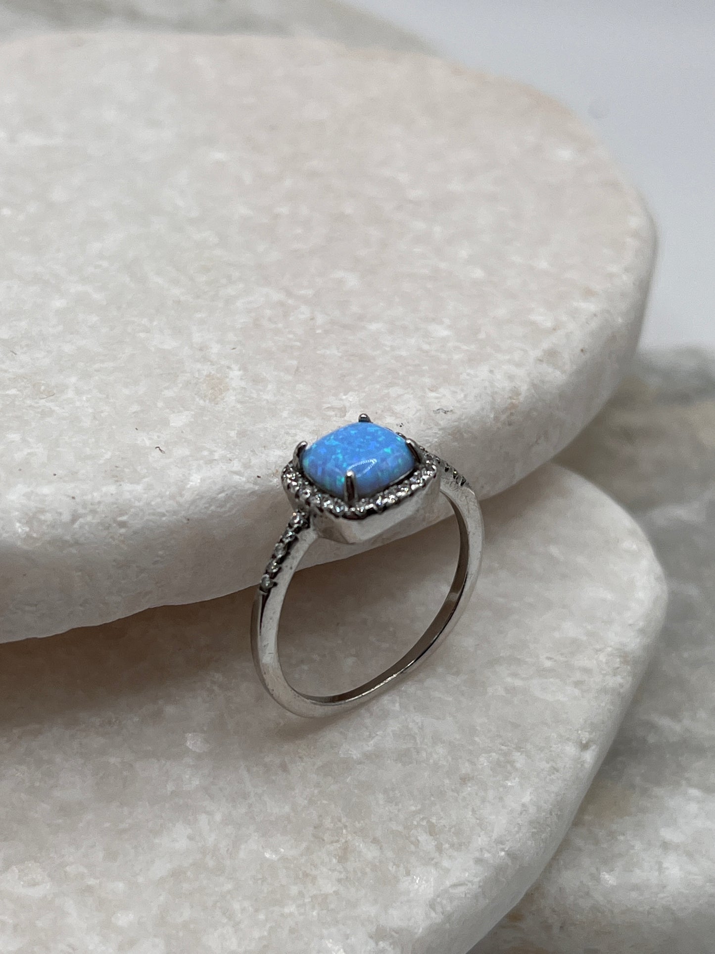 925 Sterling Silver Square Opal Halo Ring Size P