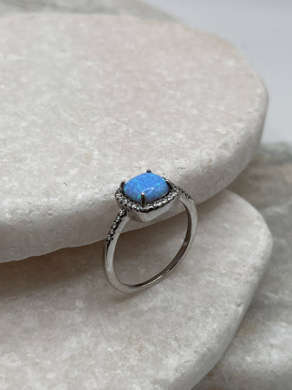 925 Sterling Silver Square Opal Halo Ring Size P
