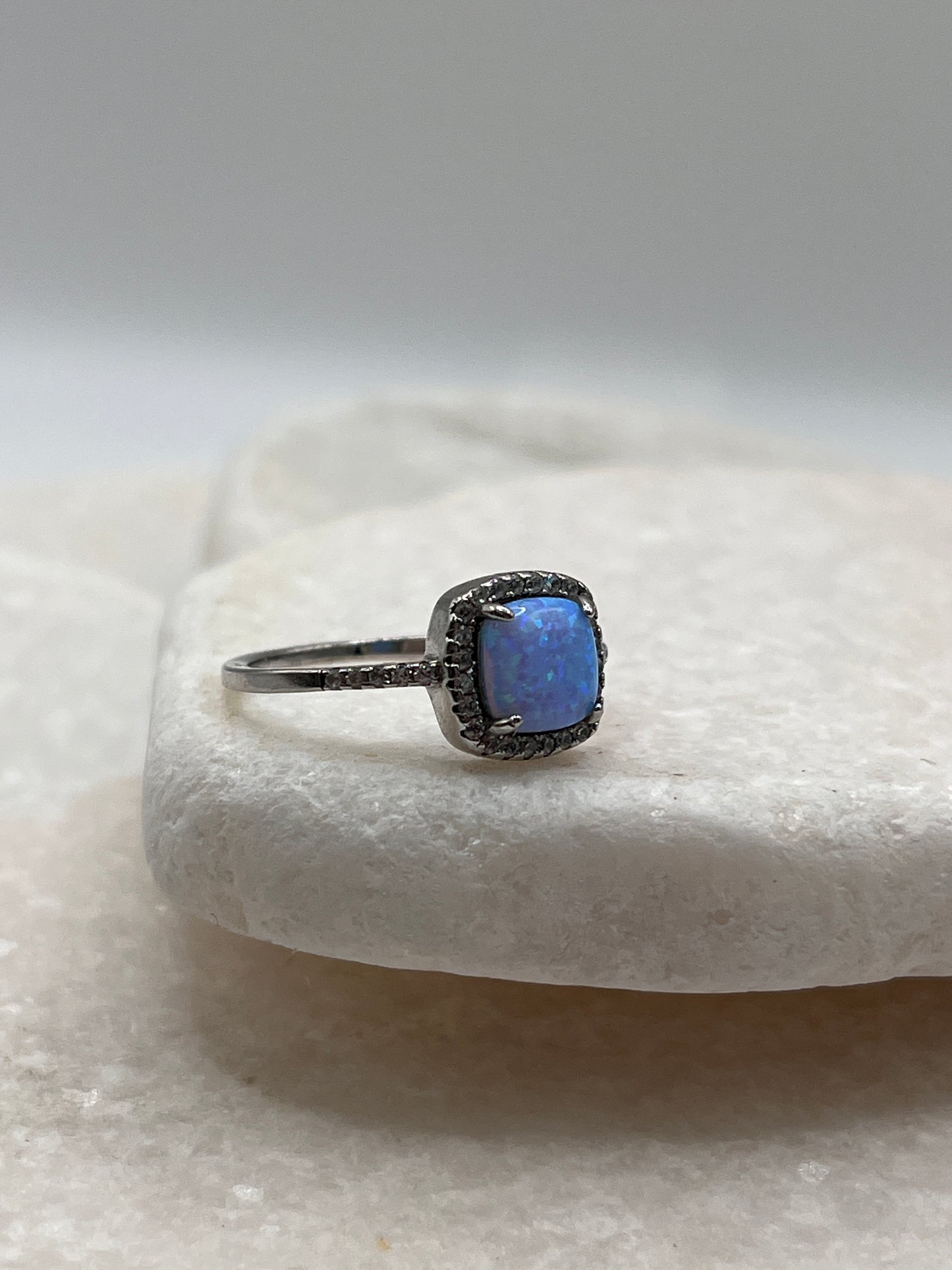 925 Sterling Silver Square Opal Halo Ring Size P