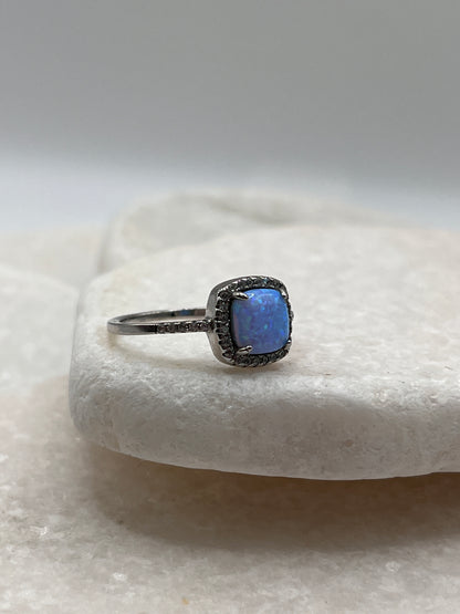 925 Sterling Silver Square Opal Halo Ring Size P