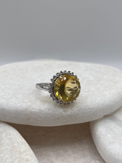 925 Sterling Silver Citrine White Topaz Halo Ring Size P