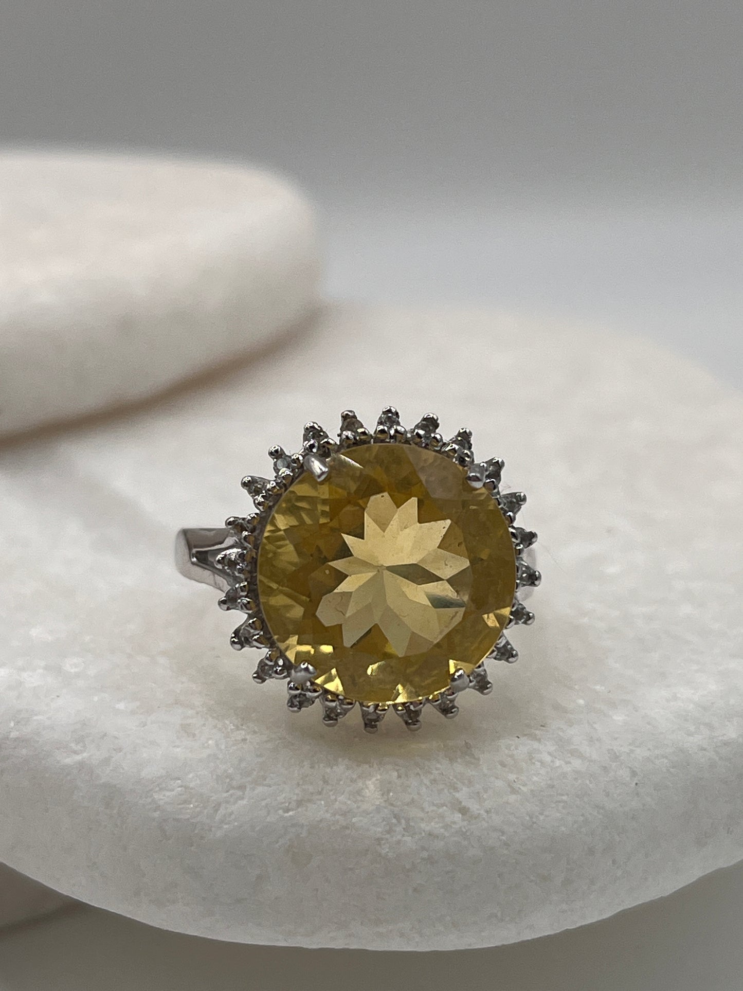 925 Sterling Silver Citrine White Topaz Halo Ring Size P