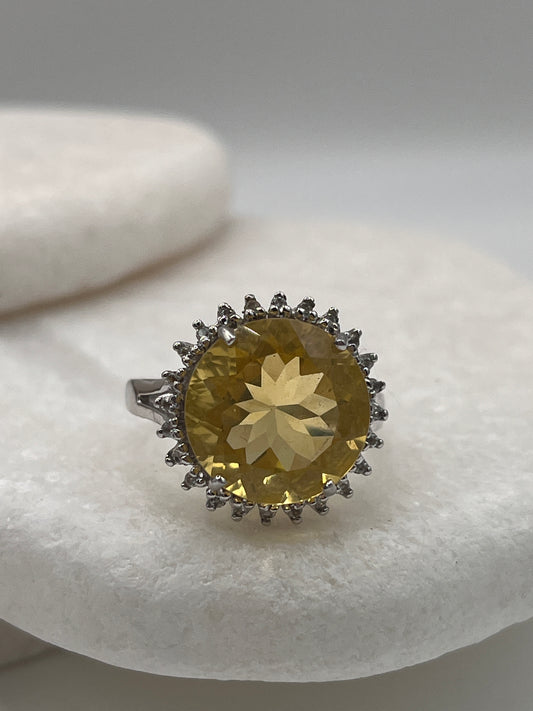 925 Sterling Silver Citrine White Topaz Halo Ring Size P