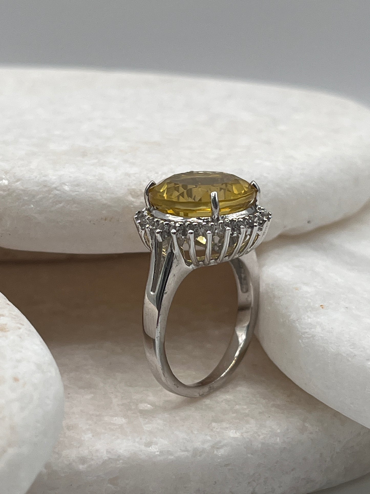 925 Sterling Silver Citrine White Topaz Halo Ring Size P