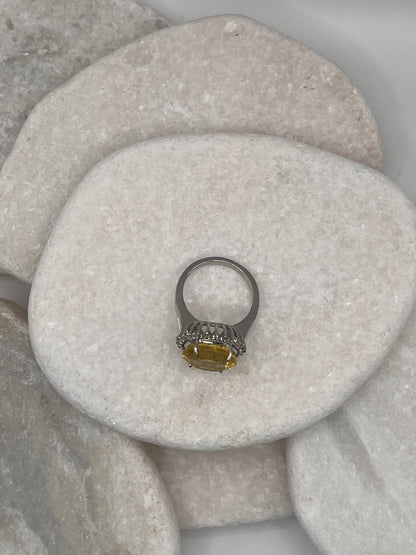 925 Sterling Silver Citrine White Topaz Halo Ring Size P