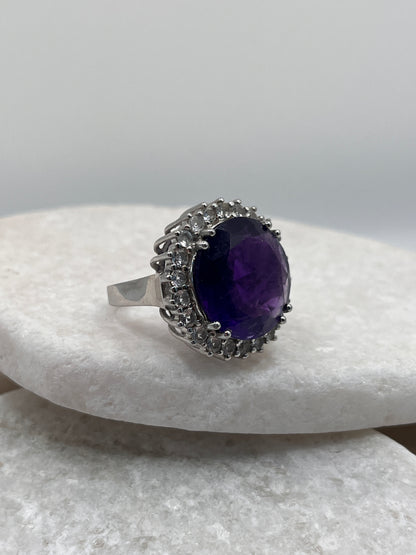 925 Sterling Silver Amethyst Halo Ring Size P