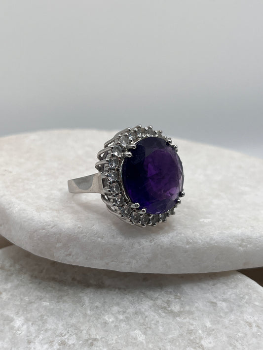 925 Sterling Silver Amethyst Halo Ring Size P