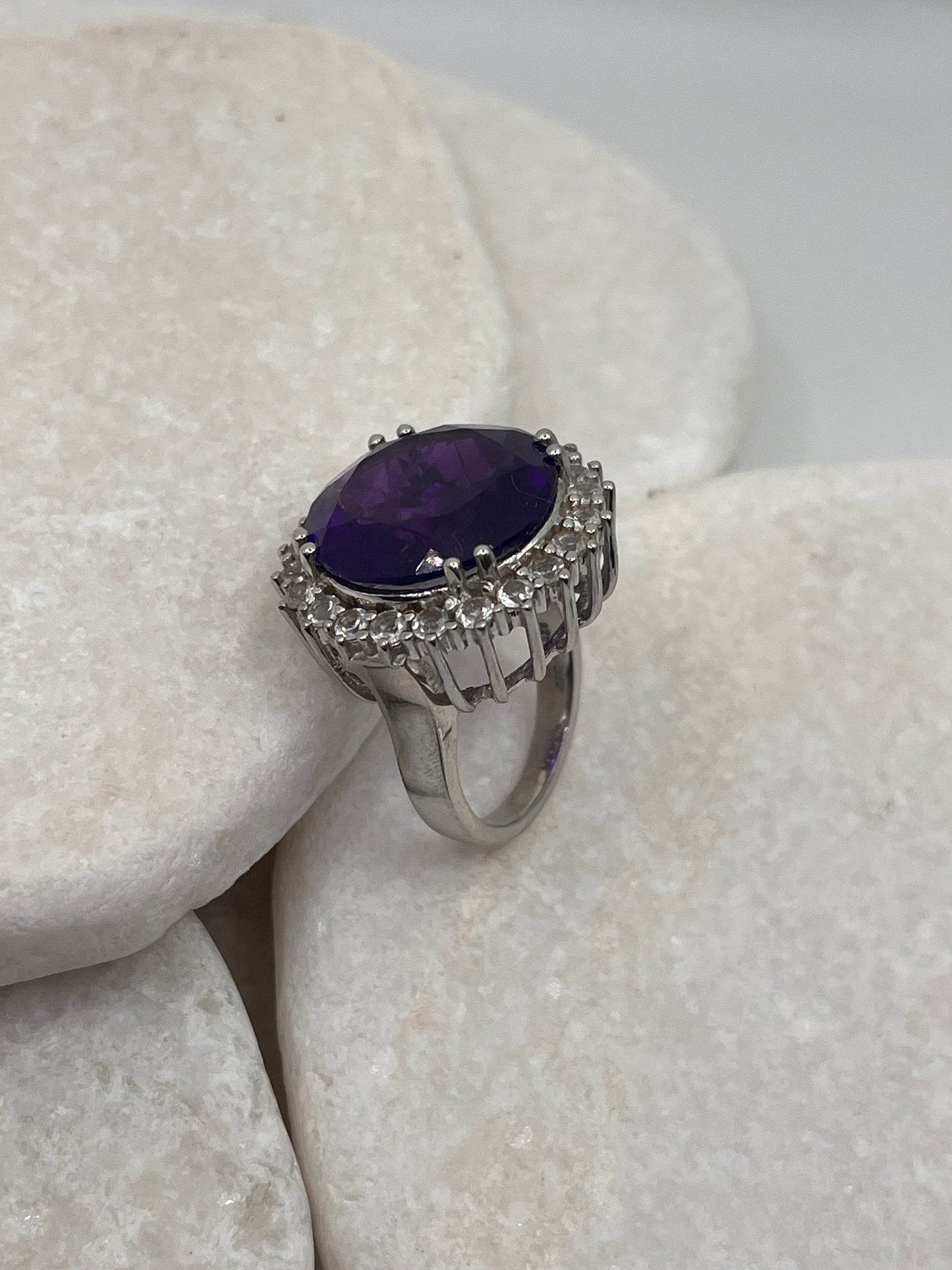 925 Sterling Silver Amethyst Halo Ring Size P