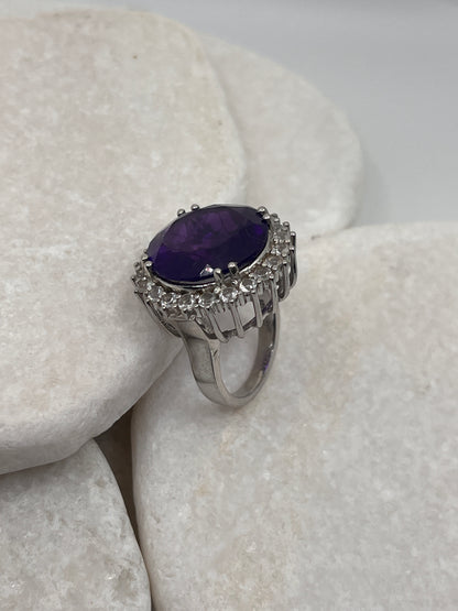 925 Sterling Silver Amethyst Halo Ring Size P