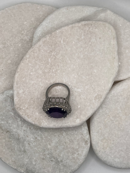 925 Sterling Silver Amethyst Halo Ring Size P