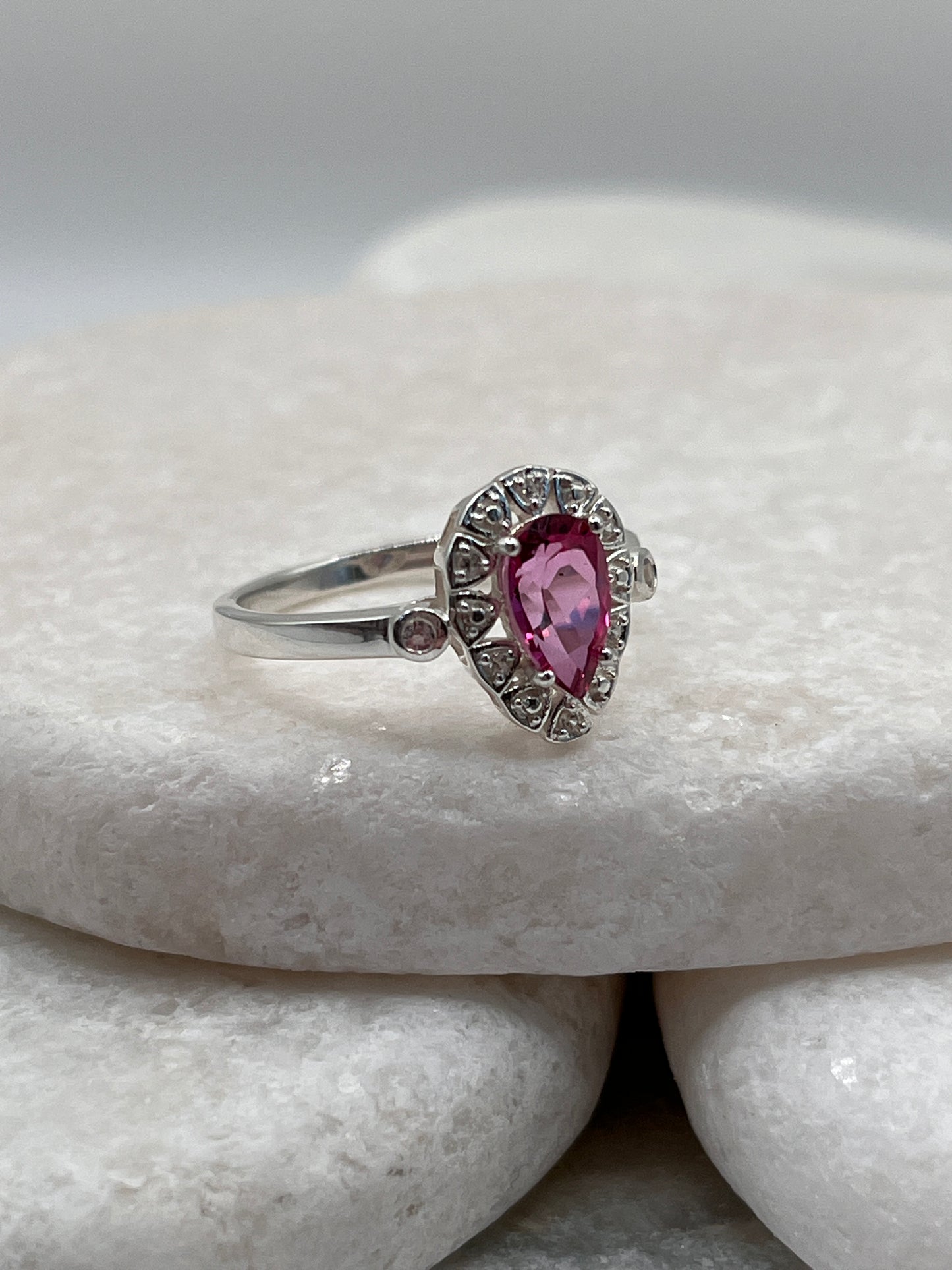 925 Sterling Silver Pink Topaz Halo Size M