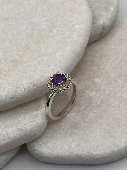 925 Sterling Silver Amethyst Halo Size S