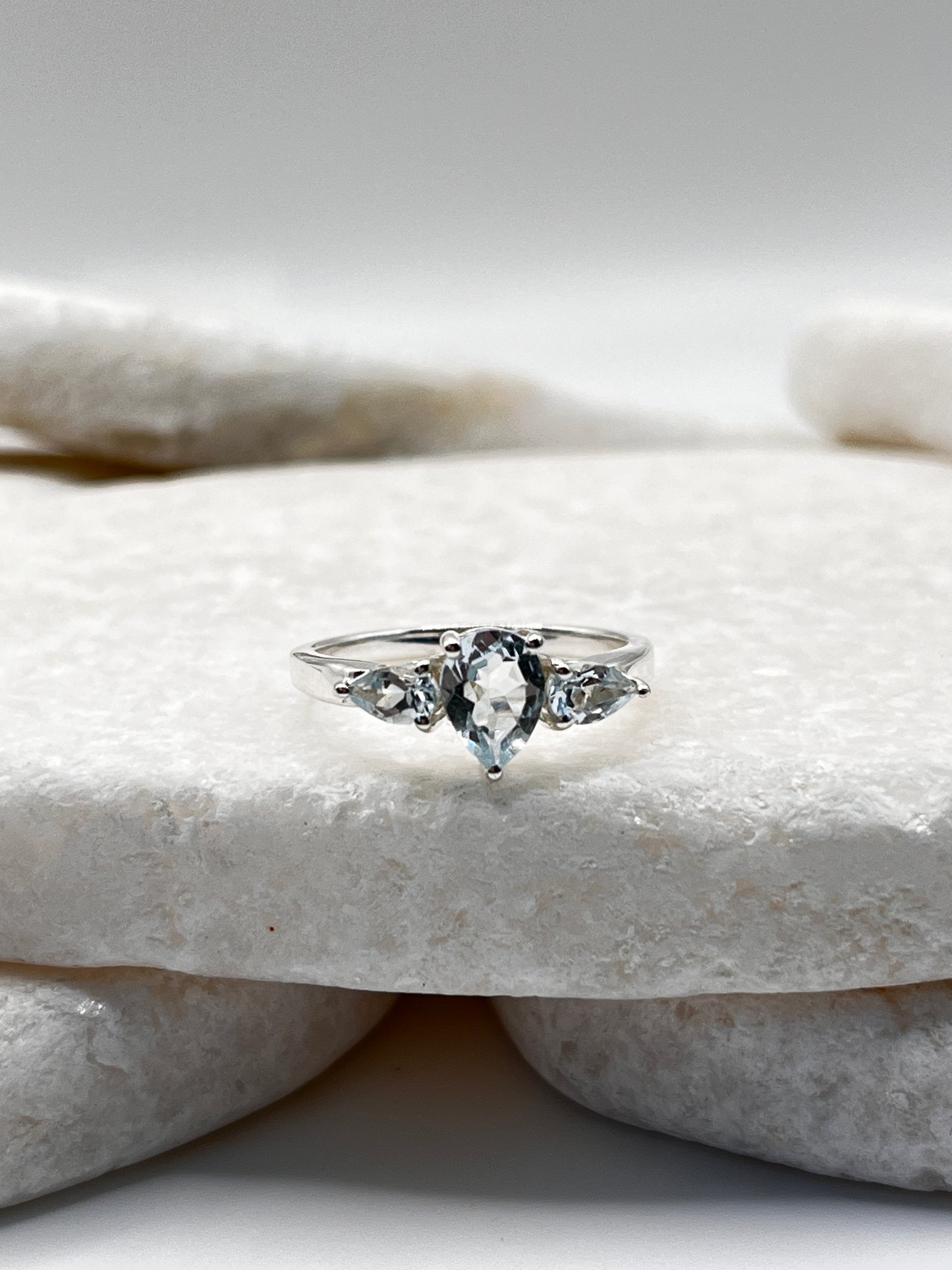 925 Sterling Silver Aqua Marine Trilogy Ring Size L
