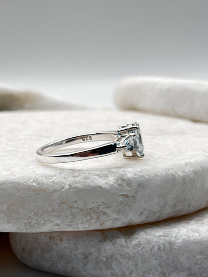 925 Sterling Silver Aqua Marine Trilogy Ring Size L
