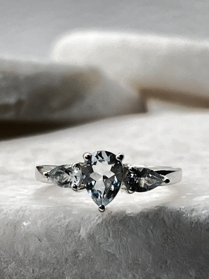 925 Sterling Silver Aqua Marine Trilogy Ring Size L