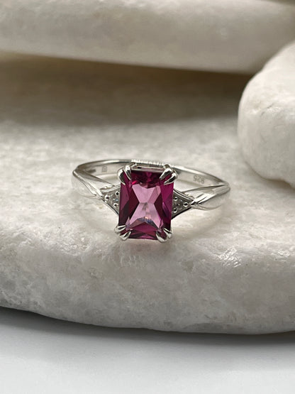 925 Sterling Silver Emerald Cut Pink Topaz Ring Size L