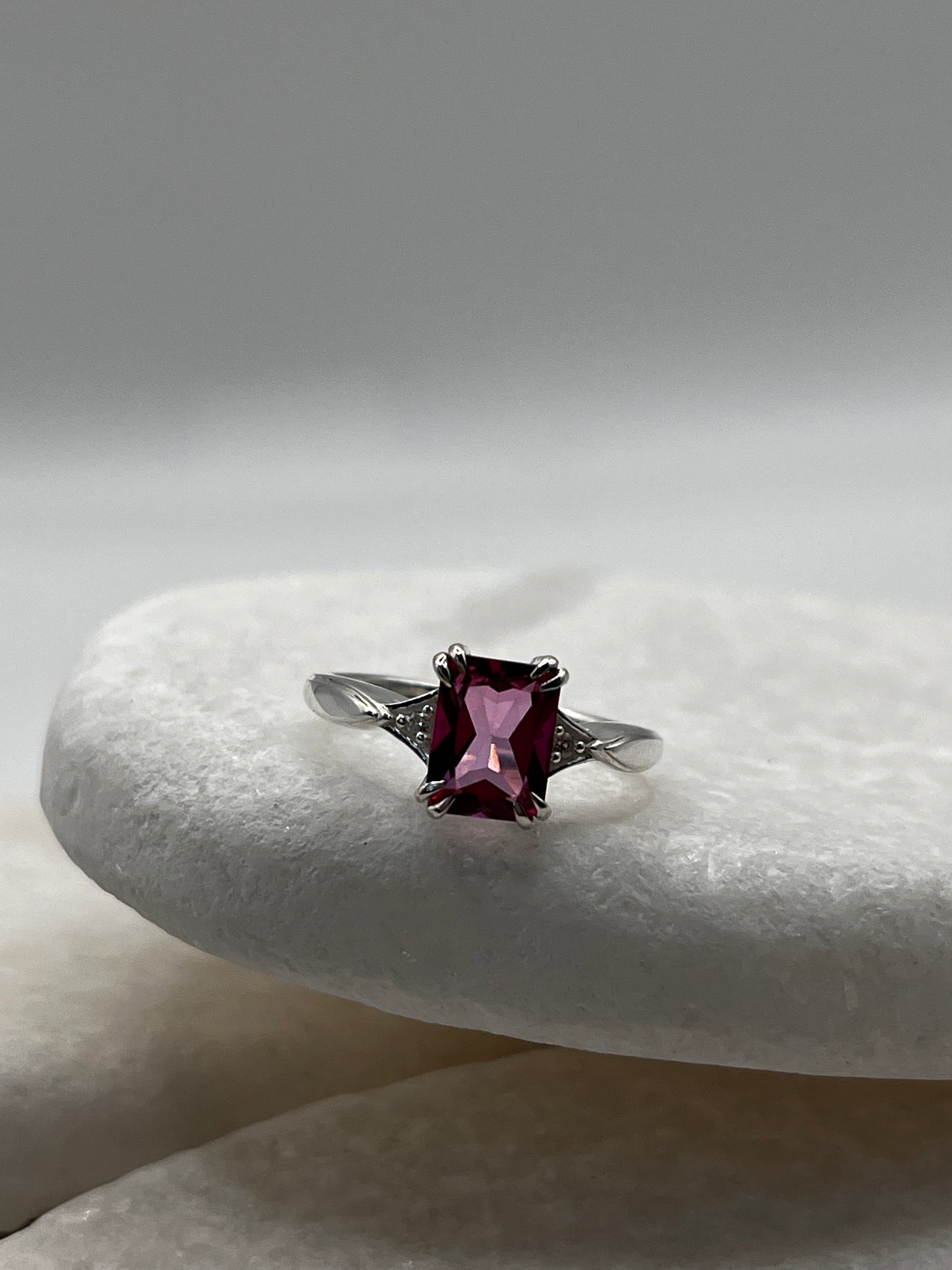925 Sterling Silver Emerald Cut Pink Topaz Ring Size L