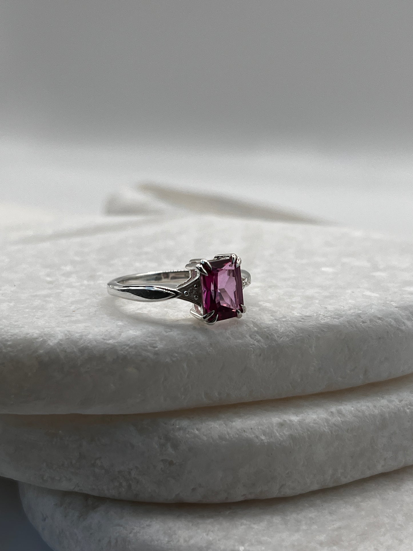 925 Sterling Silver Emerald Cut Pink Topaz Ring Size L