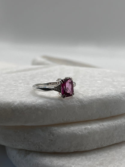 925 Sterling Silver Emerald Cut Pink Topaz Ring Size L