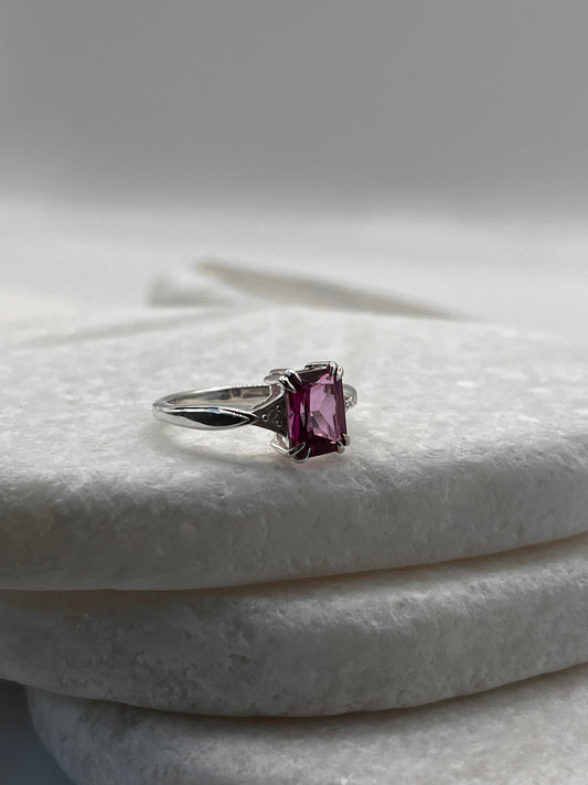 925 Sterling Silver Emerald Cut Pink Topaz Ring Size L