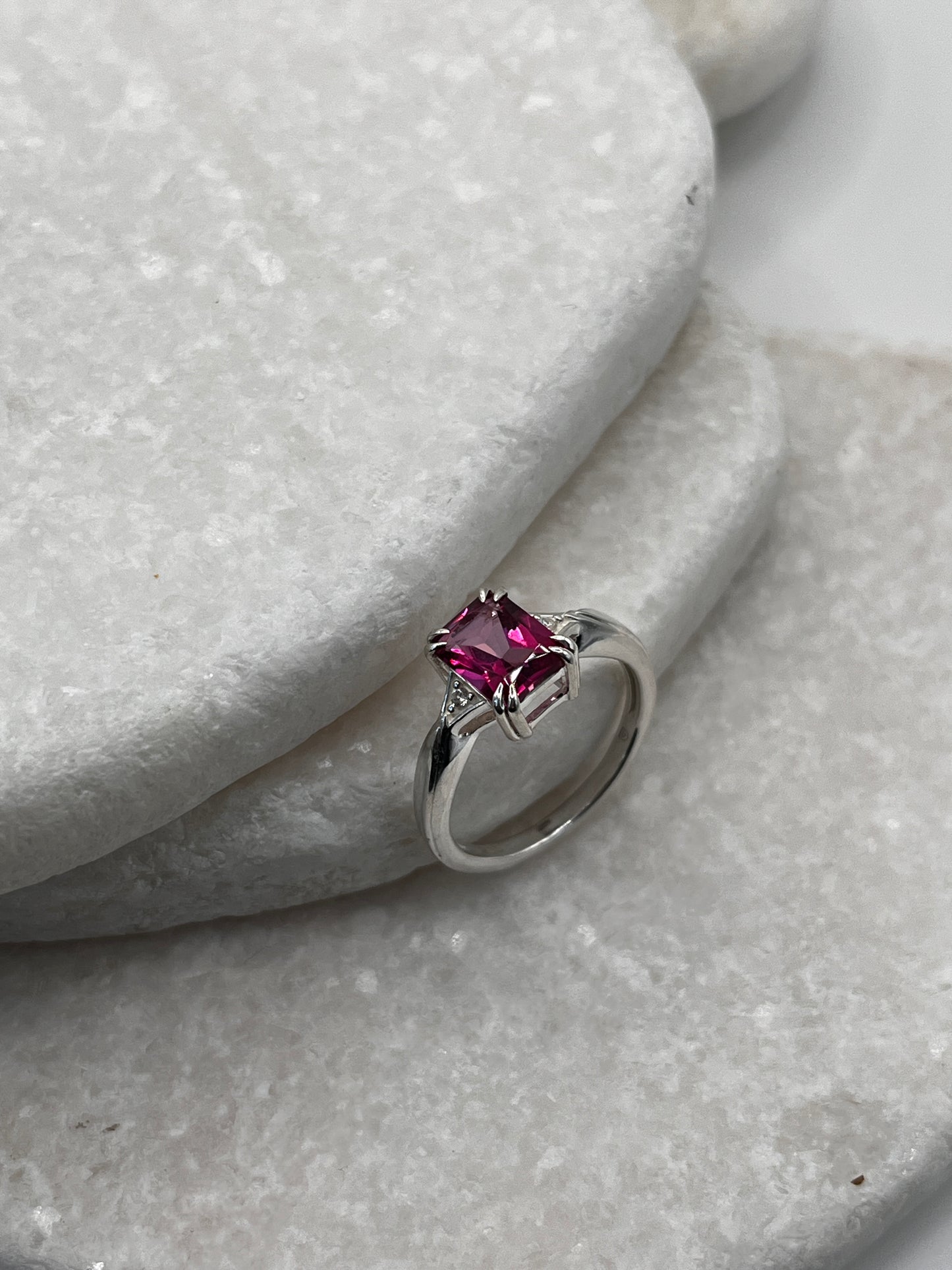925 Sterling Silver Emerald Cut Pink Topaz Ring Size L