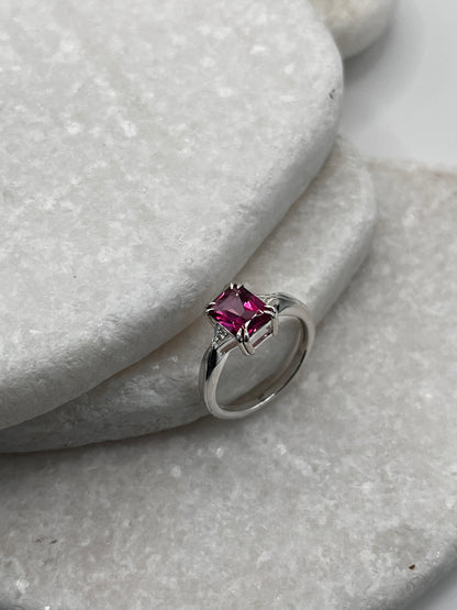 925 Sterling Silver Emerald Cut Pink Topaz Ring Size L