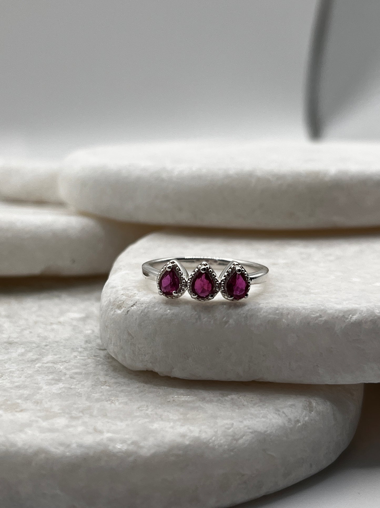 925 Sterling Silver Ruby Trilogy Ring Size L