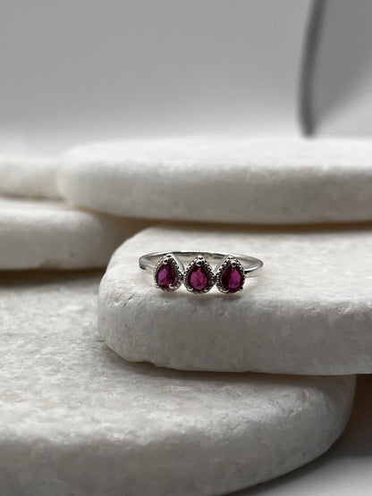 925 Sterling Silver Ruby Trilogy Ring Size L