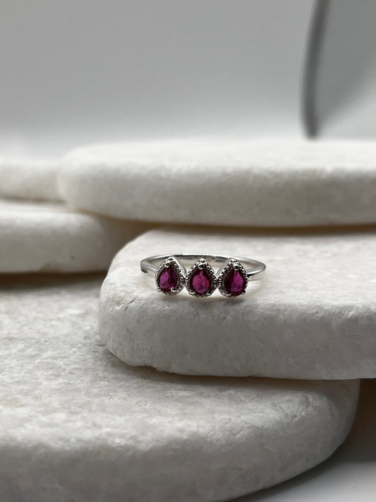 925 Sterling Silver Ruby Trilogy Ring Size L