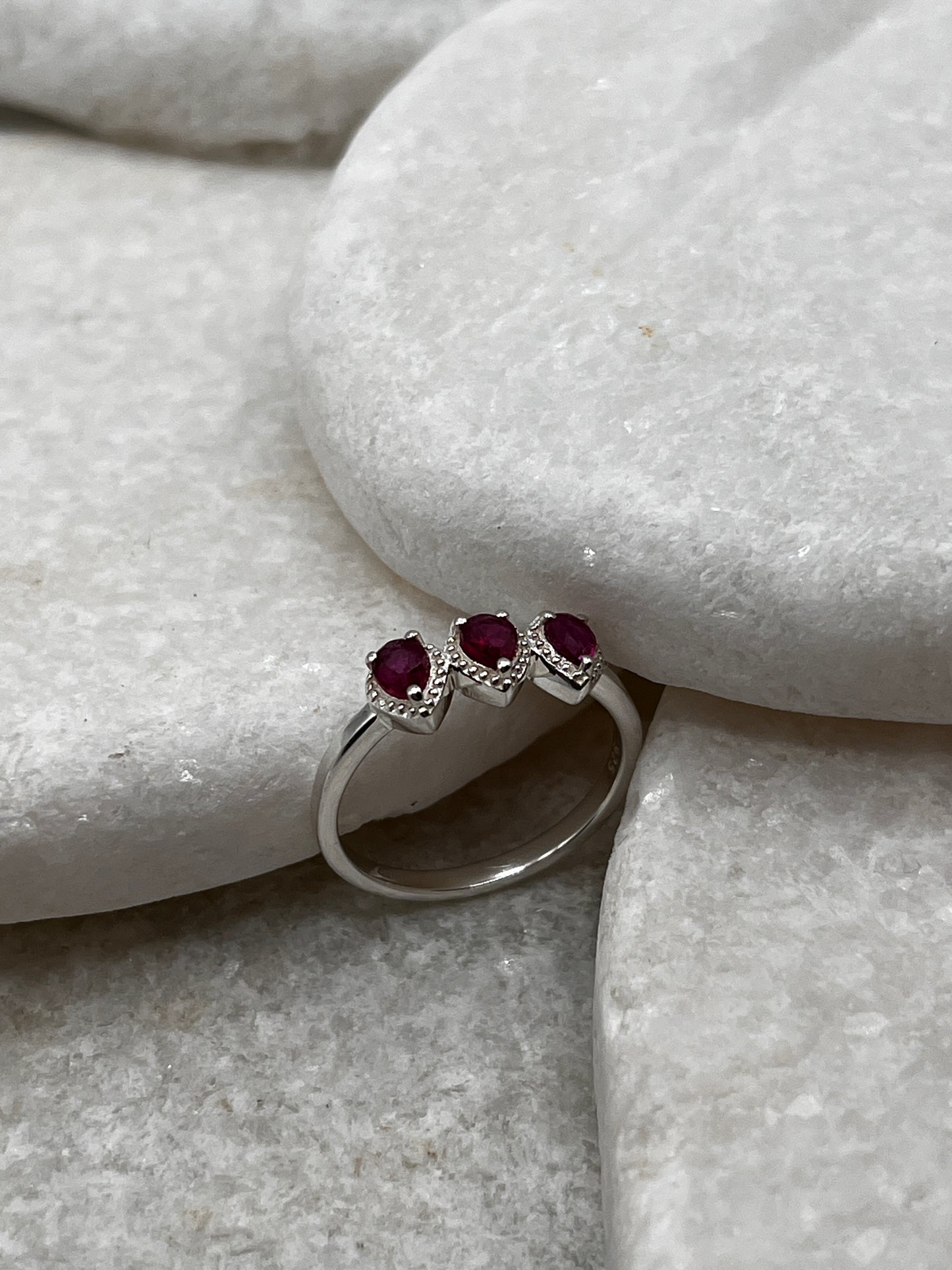 925 Sterling Silver Ruby Trilogy Ring Size L