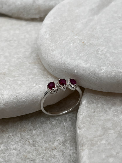 925 Sterling Silver Ruby Trilogy Ring Size L
