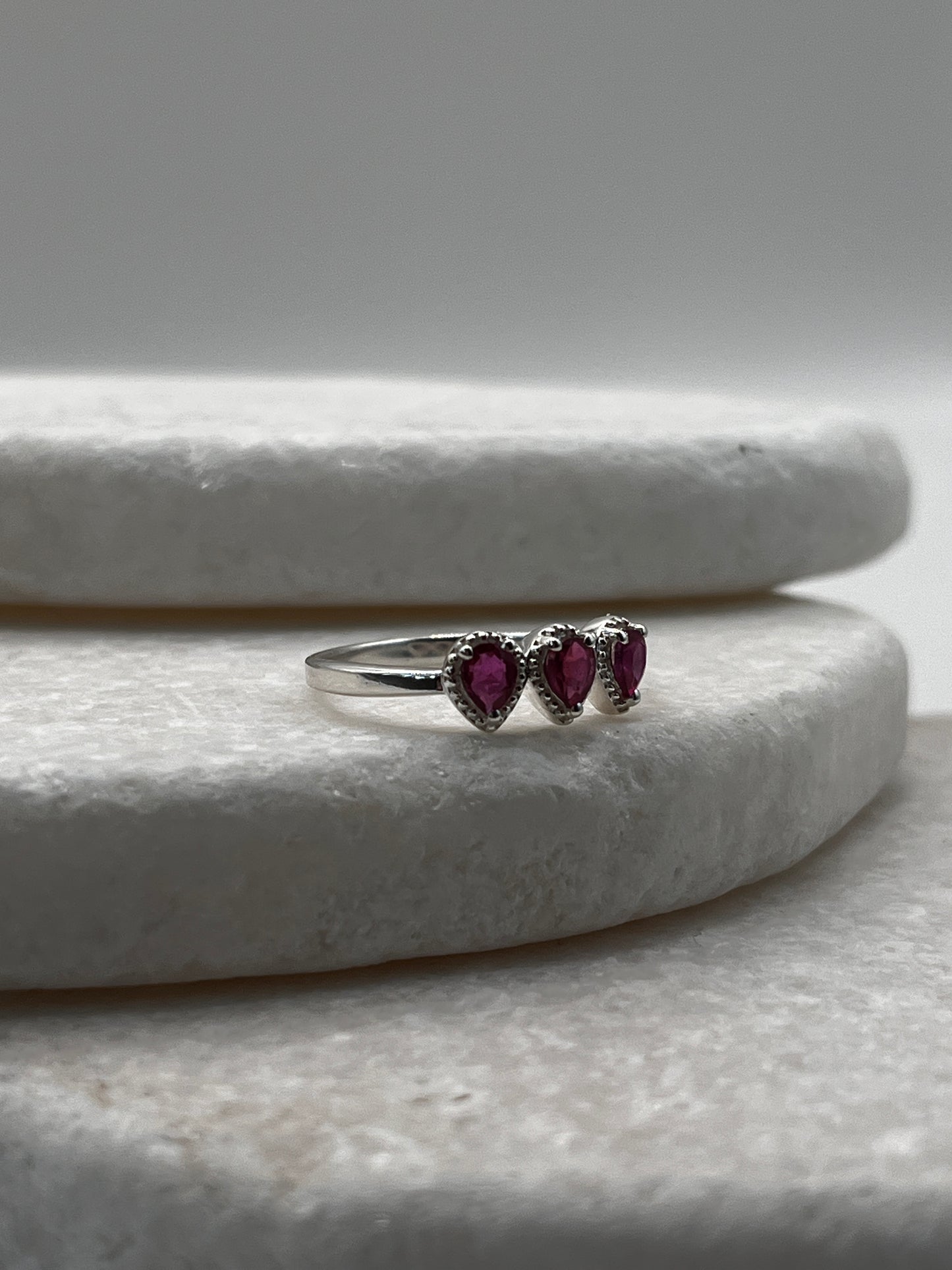 925 Sterling Silver Ruby Trilogy Ring Size L