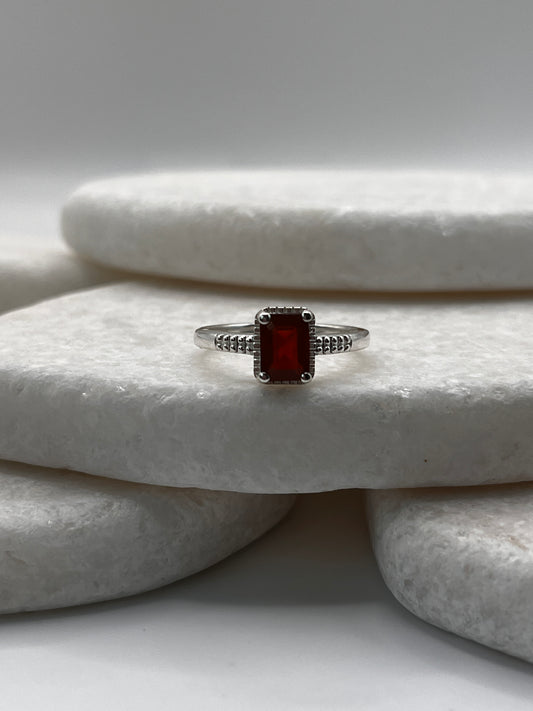 925 Sterling Silver Emerald Cut Fire Opal Ring Size L