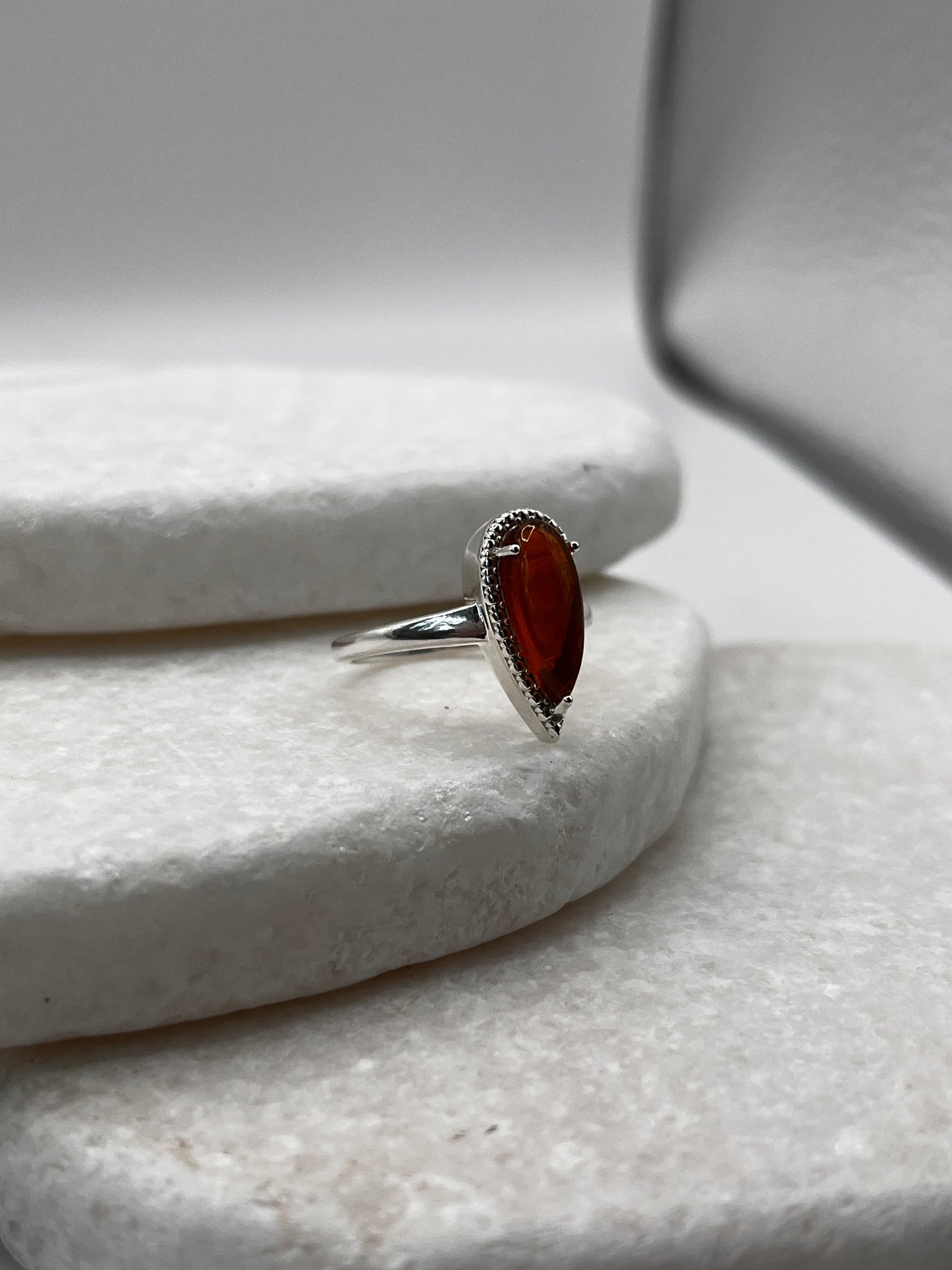 925 Sterling Silver Fire Opal Tear Drop Ring Size L